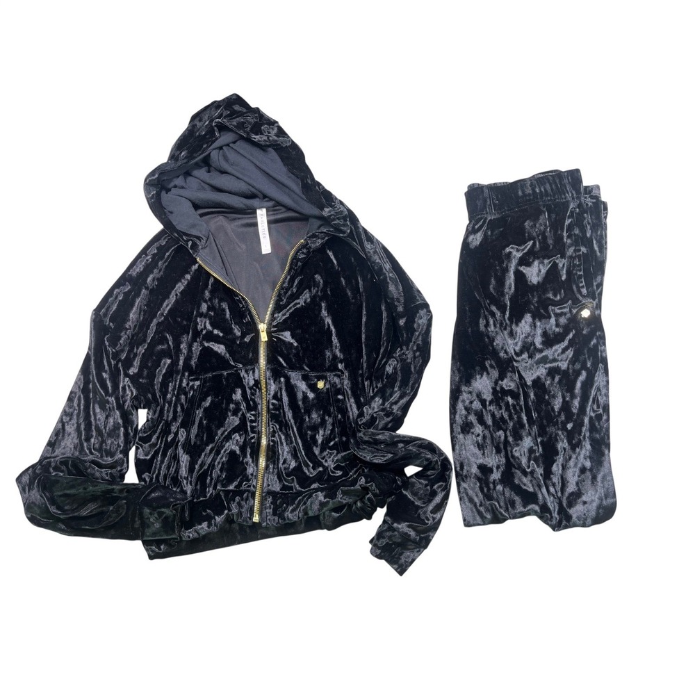 Fabletics Small Black Crushed Velvet 2 Piece Hoodie Pants Matching Set